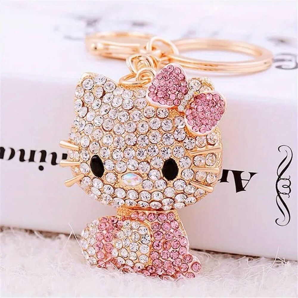 NWT Gorgeous Hello Kitty Gold Pink White Rhinestones Key holder Keyring Keychain